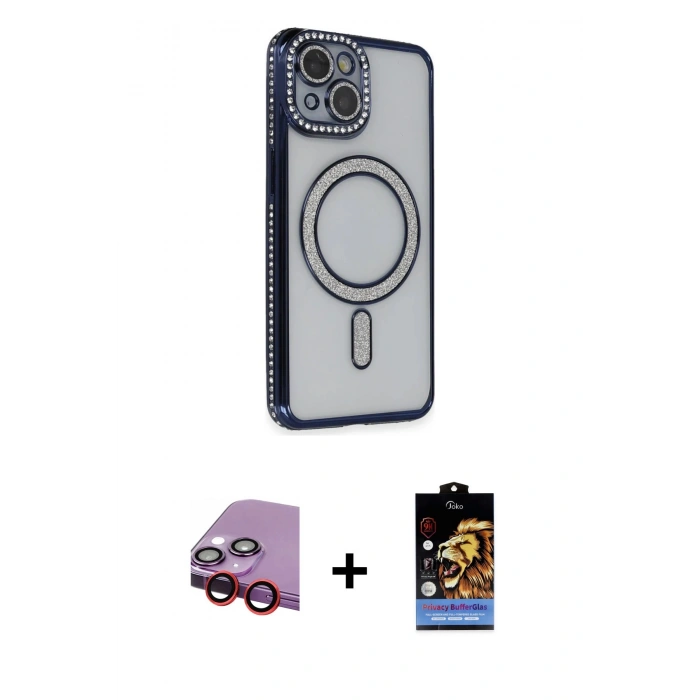 MARSİLYAN™- iPhone 14 Kılıf Zirve Doku Prime - Siyah Buffer Hayalet Cam Ekran Koruyucu + Raze Metal Kamera Lens - KI