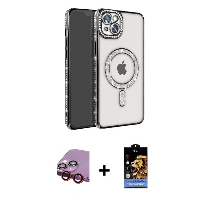 MARSİLYAN™- iPhone 14 Kılıf Zirve Doku Prime - Siyah Buffer Hayalet Cam Ekran Koruyucu + Raze Metal Kamera Lens - KI