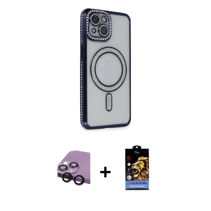 MARSİLYAN™- iPhone 14 Kılıf Zirve Doku Prime - Siyah Buffer Hayalet Cam Ekran Koruyucu + Raze Metal Kamera Lens - SH