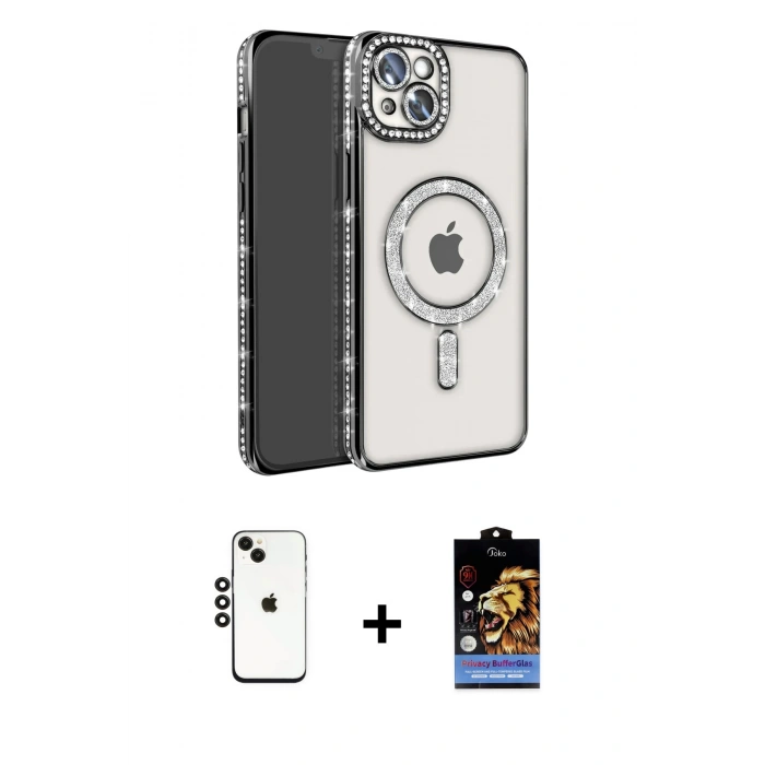 MARSİLYAN™- iPhone 14 Kılıf Zirve Doku Prime - Siyah Buffer Hayalet Cam Ekran Koruyucu + Shine Kamera Lens - SH