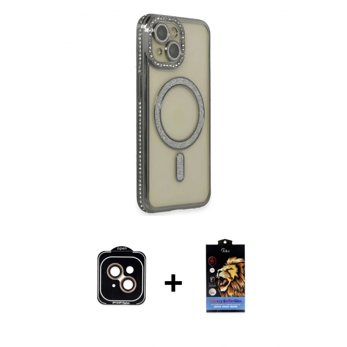 MARSİLYAN™- iPhone 14 Kılıf Zirve Doku Prime - Siyah Buffer Hayalet Cam Ekran Koruyucu + PVD Metal Kamera Lens - TU