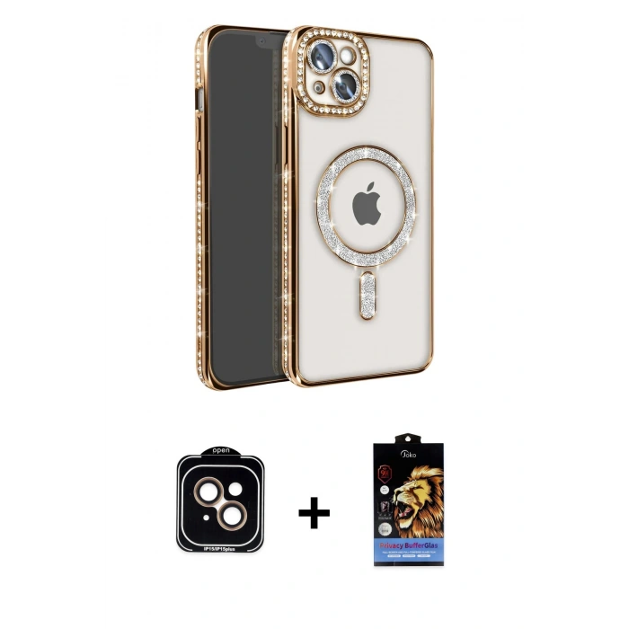 MARSİLYAN™- iPhone 14 Kılıf Zirve Doku Prime - Siyah Buffer Hayalet Cam Ekran Koruyucu + PVD Metal Kamera Lens - TU