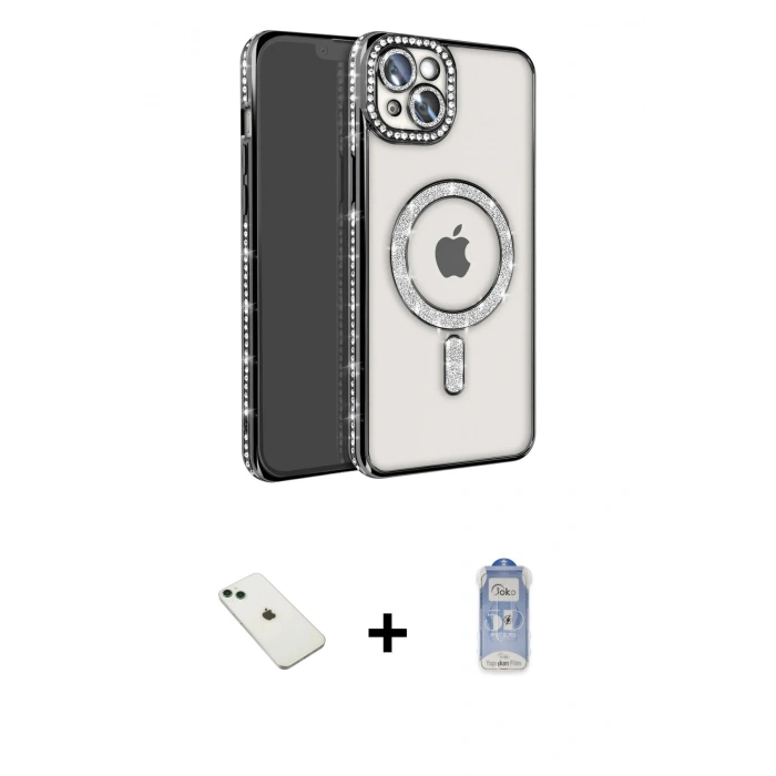 MARSİLYAN™- iPhone 14 Kılıf Zirve Doku Prime - Siyah Joko Magic 5D Cam + Diamond Kamera Lens - YL
