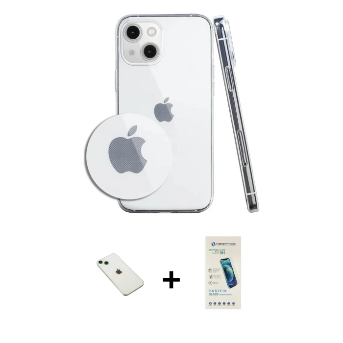 MARSİLYAN™- iPhone 14 Kılıf Zirve Doku - Şeffaf Pasifik Cam Ekran Koruyucu + Diamond Kamera Lens - YL