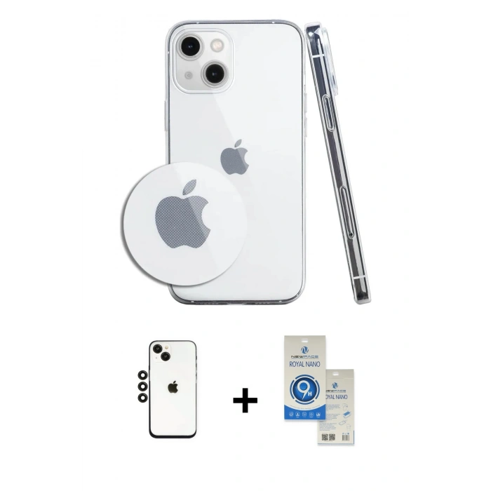 MARSİLYAN™- iPhone 14 Kılıf Zirve Doku - Şeffaf Royal Nano Ekran Koruyucu + Shine Kamera Lens - SH