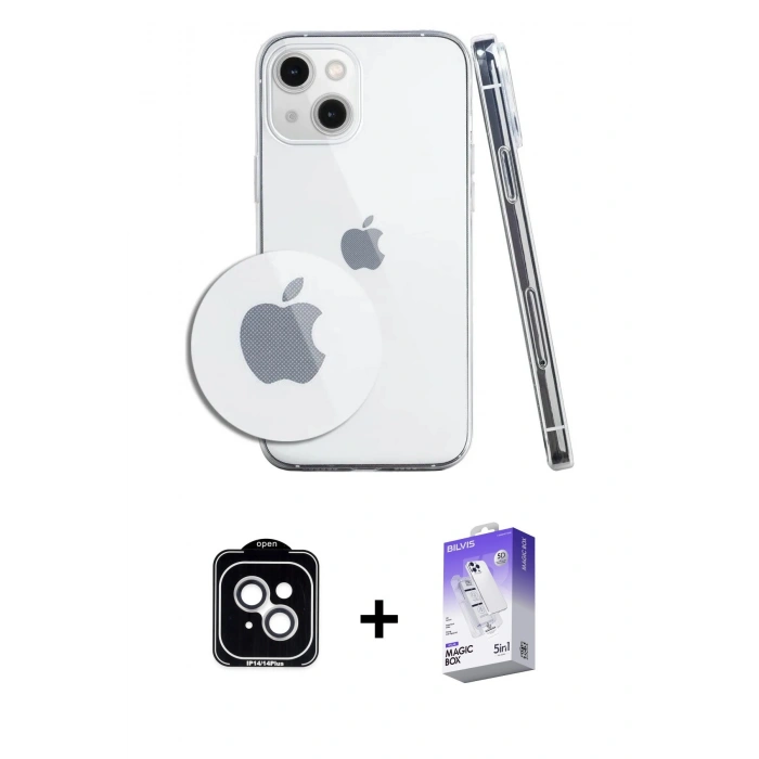 MARSİLYAN™- iPhone 14 Kılıf Zirve Doku - Siyah Bilvis 5in1 3D Magic Cam Ekran Koruyucu + PVD Metal Kamera Lens - GS