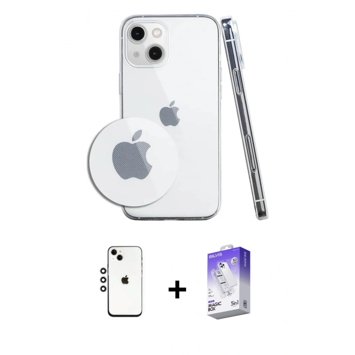 MARSİLYAN™- iPhone 14 Kılıf Zirve Doku - Siyah Bilvis 5in1 3D Magic Cam Ekran Koruyucu + Shine Kamera Lens - GS