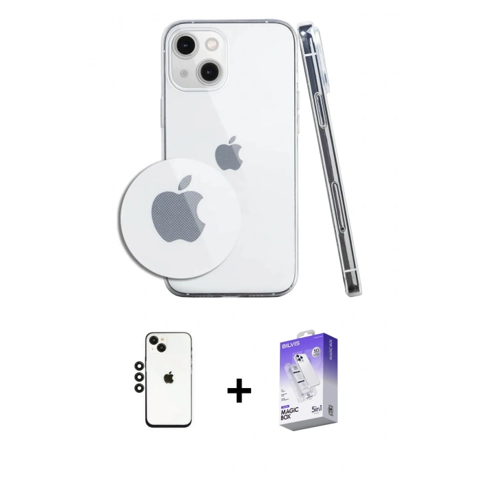 MARSİLYAN™- iPhone 14 Kılıf Zirve Doku - Siyah Bilvis 5in1 3D Magic Cam Ekran Koruyucu + Shine Kamera Lens - SH