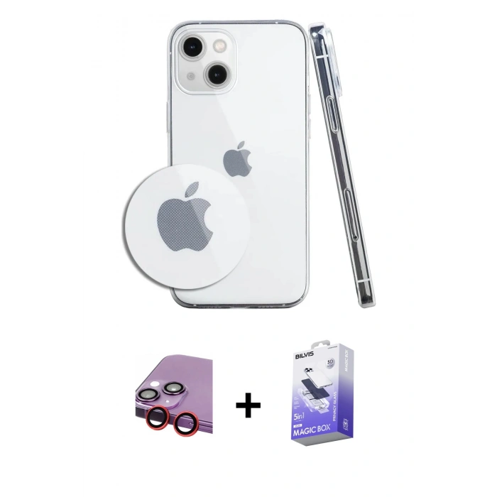 MARSİLYAN™- iPhone 14 Kılıf Zirve Doku - Siyah Bilvis 5in1 5D Magic Hayalet Cam Ekran Koruyucu + Raze Metal Kamera Lens - KI