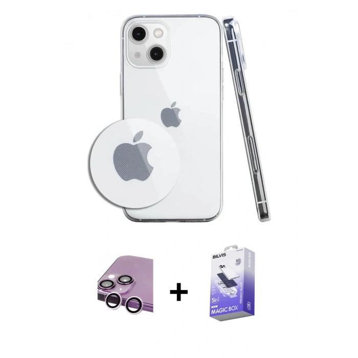 MARSİLYAN™- iPhone 14 Kılıf Zirve Doku - Siyah Bilvis 5in1 5D Magic Hayalet Cam Ekran Koruyucu + Raze Metal Kamera Lens - MR