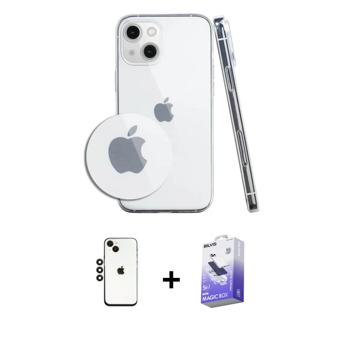 MARSİLYAN™- iPhone 14 Kılıf Zirve Doku - Siyah Bilvis 5in1 5D Magic Hayalet Cam Ekran Koruyucu + Shine Kamera Lens - SH