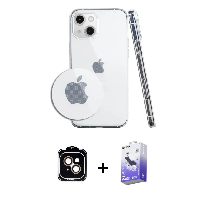 MARSİLYAN™- iPhone 14 Kılıf Zirve Doku - Siyah Bilvis 5in1 5D Magic Hayalet Cam Ekran Koruyucu + PVD Metal Kamera Lens - TU