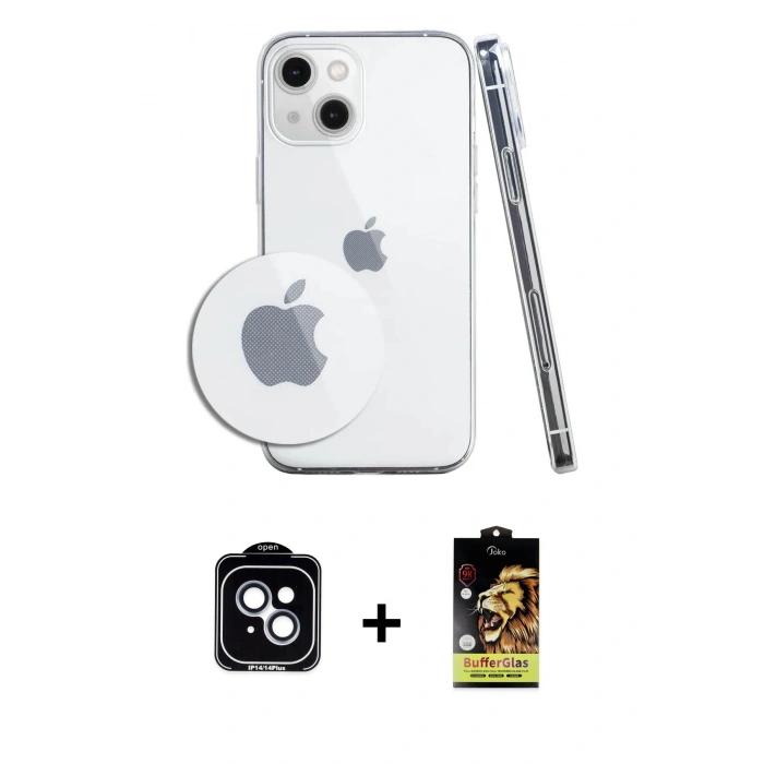 MARSİLYAN™- iPhone 14 Kılıf Zirve Doku - Siyah Buffer Cam Ekran Koruyucu + PVD Metal Kamera Lens - MI