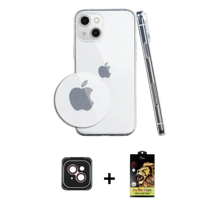 MARSİLYAN™- iPhone 14 Kılıf Zirve Doku - Siyah Buffer Cam Ekran Koruyucu + Pembe PVD Metal Kamera Lens