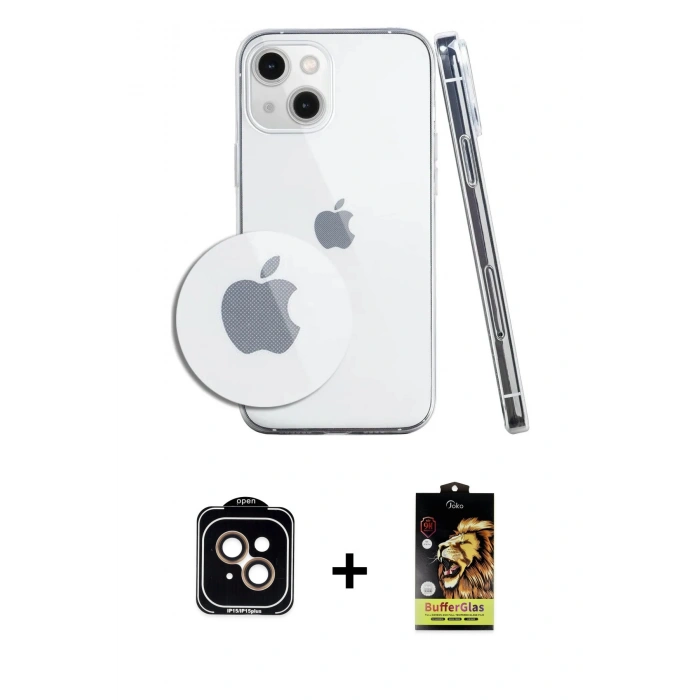 MARSİLYAN™- iPhone 14 Kılıf Zirve Doku - Siyah Buffer Cam Ekran Koruyucu + Turuncu PVD Metal Kamera Lens