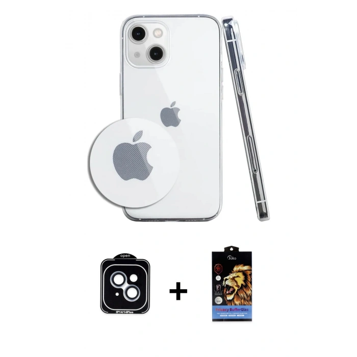 MARSİLYAN™- iPhone 14 Kılıf Zirve Doku - Siyah Buffer Hayalet Cam Ekran Koruyucu + PVD Metal Kamera Lens - MI