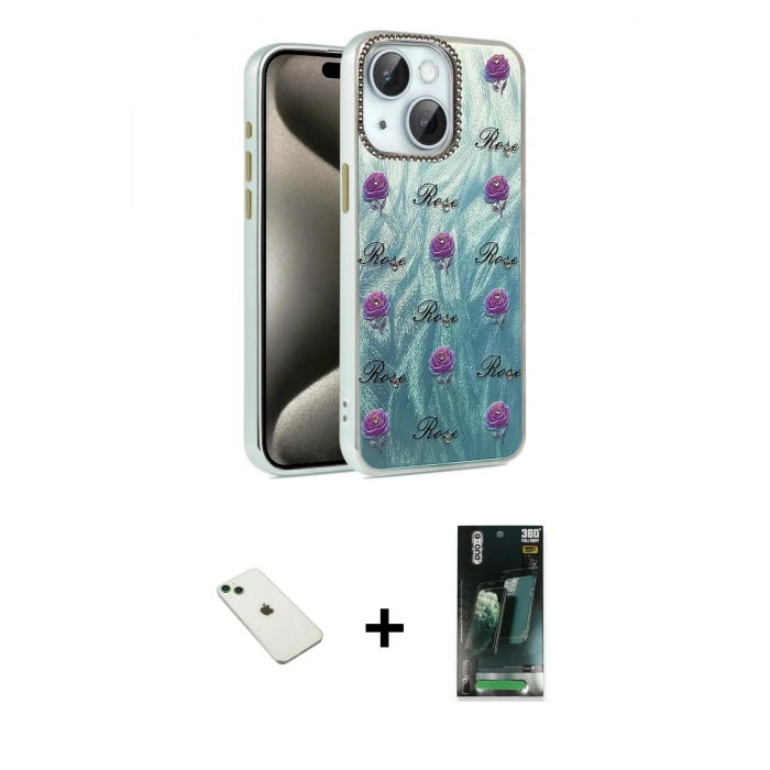 MARSİLYAN™- iPhone 14 Kılıf Zirve Modern Prime - Şeffaf 360 Full Body Arka Koruyucu + Diamond Kamera Lens - YL