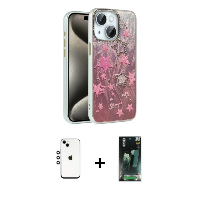 MARSİLYAN™- iPhone 14 Kılıf Zirve Modern Prime - Şeffaf 360 Full Body Arka Koruyucu + Shine Kamera Lens - GS