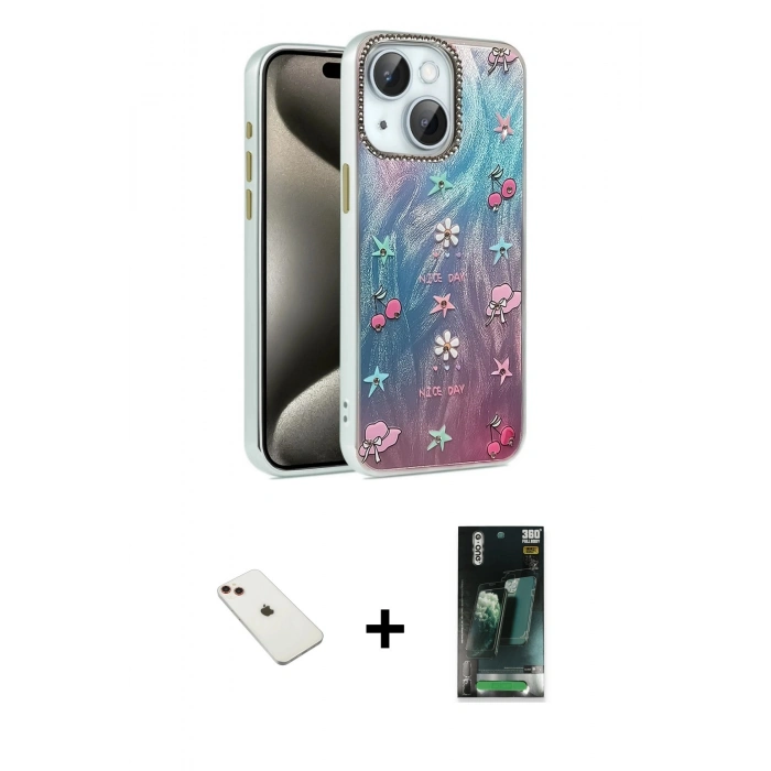 MARSİLYAN™- iPhone 14 Kılıf Zirve Modern Prime - Şeffaf 360 Full Body Arka Koruyucu + Diamond Kamera Lens - KI