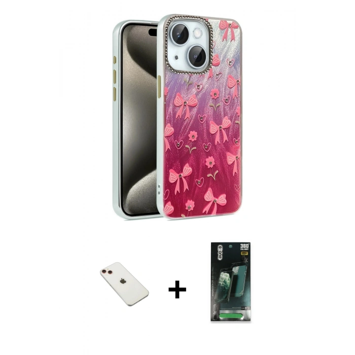 MARSİLYAN™- iPhone 14 Kılıf Zirve Modern Prime - Şeffaf 360 Full Body Arka Koruyucu + Diamond Kamera Lens - KI