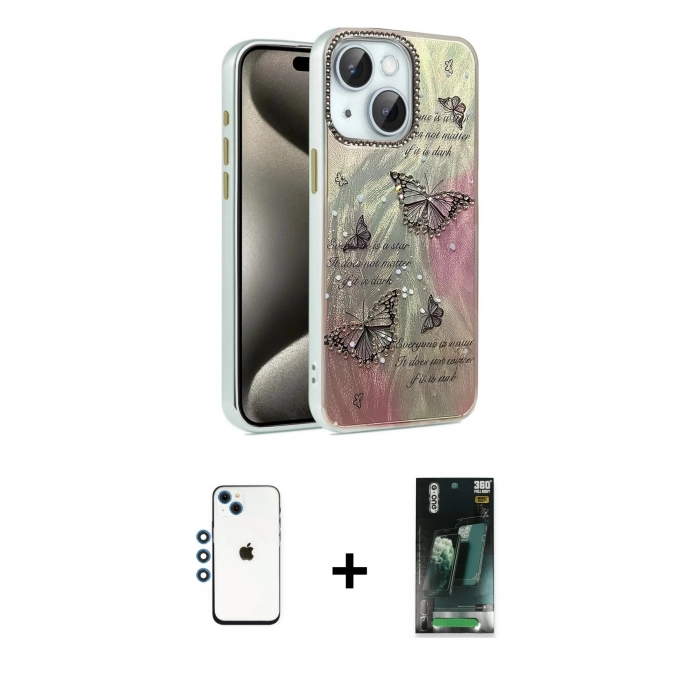 MARSİLYAN™- iPhone 14 Kılıf Zirve Modern Prime - Şeffaf 360 Full Body Arka Koruyucu + Shine Kamera Lens - MI