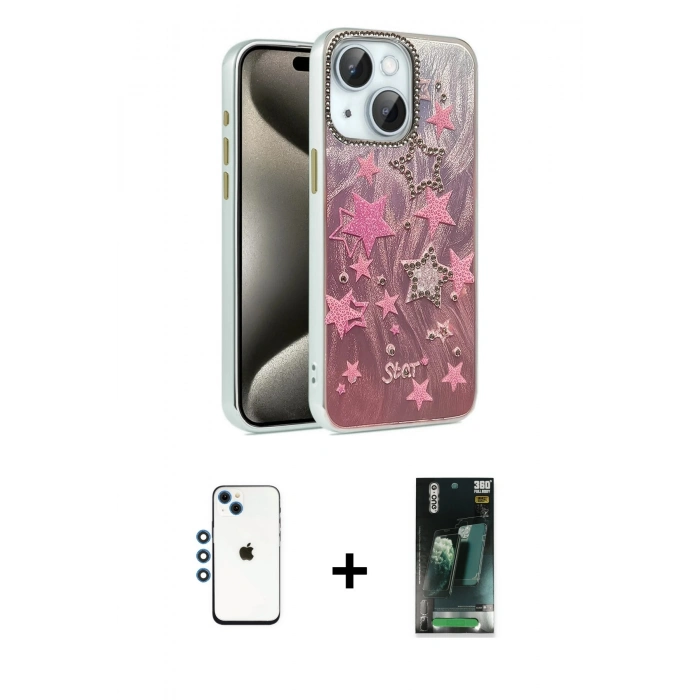 MARSİLYAN™- iPhone 14 Kılıf Zirve Modern Prime - Şeffaf 360 Full Body Arka Koruyucu + Shine Kamera Lens - MI