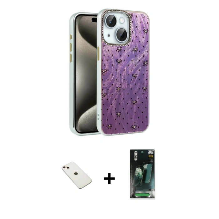 MARSİLYAN™- iPhone 14 Kılıf Zirve Modern Prime - Şeffaf 360 Full Body Arka Koruyucu + Pembe Diamond Kamera Lens