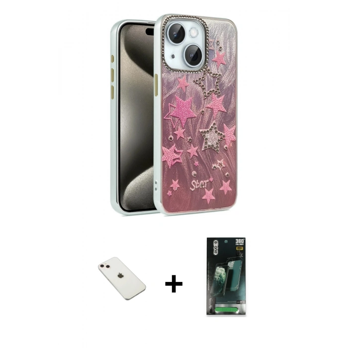 MARSİLYAN™- iPhone 14 Kılıf Zirve Modern Prime - Şeffaf 360 Full Body Arka Koruyucu + Pembe Diamond Kamera Lens