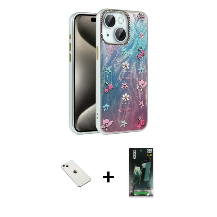 MARSİLYAN™- iPhone 14 Kılıf Zirve Modern Prime - Şeffaf 360 Full Body Arka Koruyucu + Pembe Diamond Kamera Lens