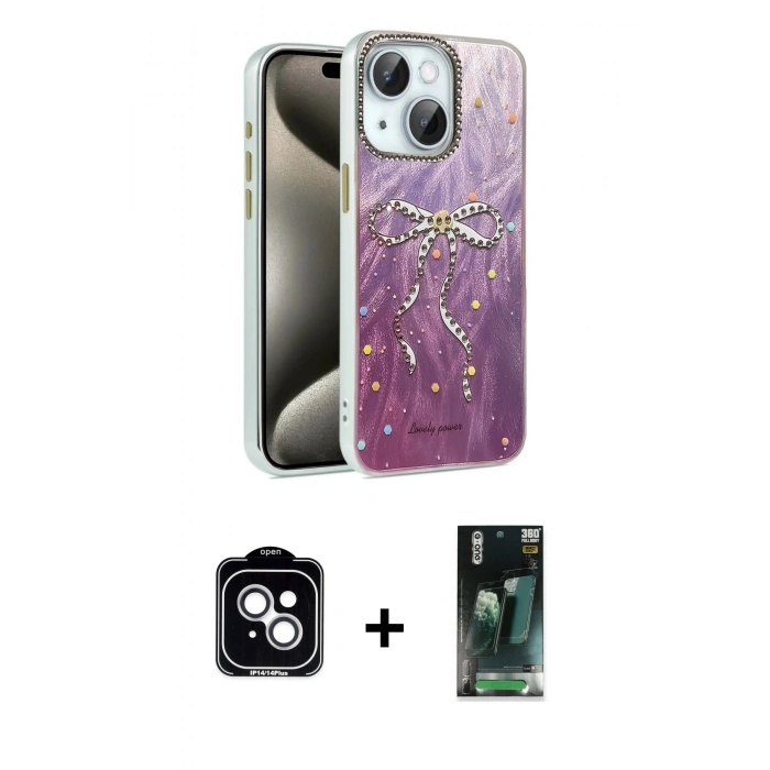 MARSİLYAN™- iPhone 14 Kılıf Zirve Modern Prime - Şeffaf 360 Full Body Arka Koruyucu + PVD Metal Kamera Lens - GS