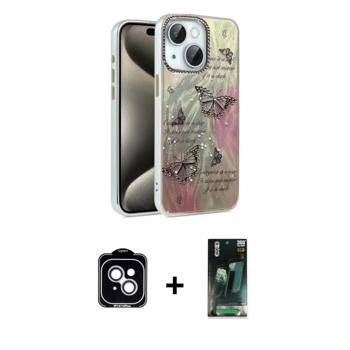 MARSİLYAN™- iPhone 14 Kılıf Zirve Modern Prime - Şeffaf 360 Full Body Arka Koruyucu + PVD Metal Kamera Lens - GS
