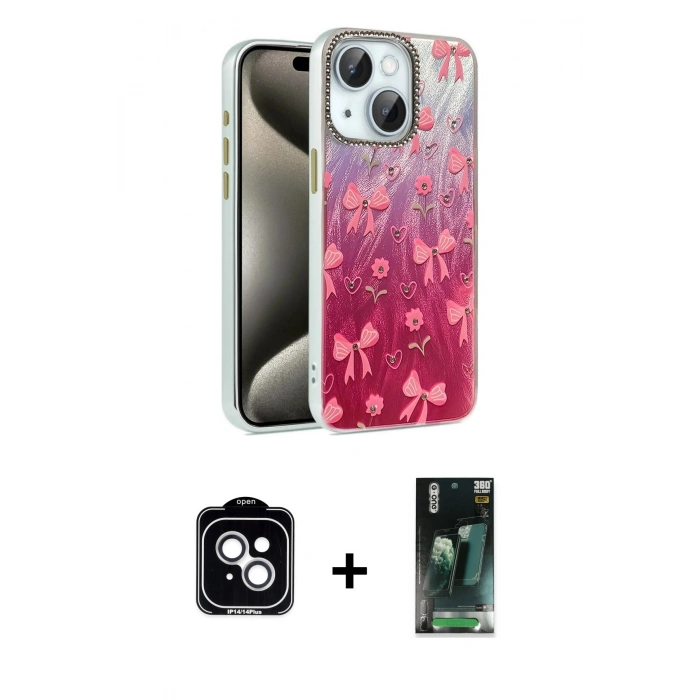 MARSİLYAN™- iPhone 14 Kılıf Zirve Modern Prime - Şeffaf 360 Full Body Arka Koruyucu + PVD Metal Kamera Lens - GS
