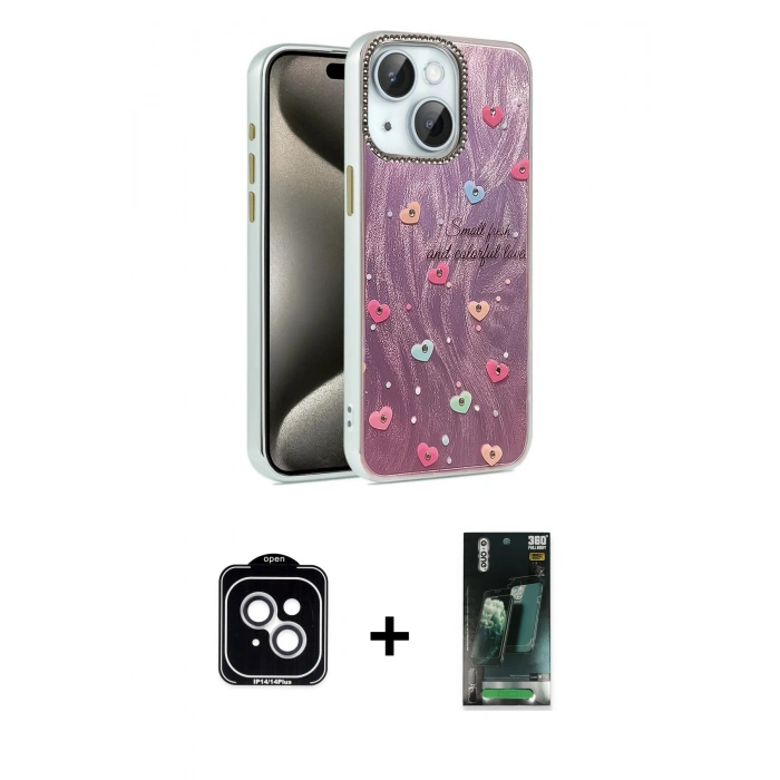 MARSİLYAN™- iPhone 14 Kılıf Zirve Modern Prime - Şeffaf 360 Full Body Arka Koruyucu + PVD Metal Kamera Lens - GS