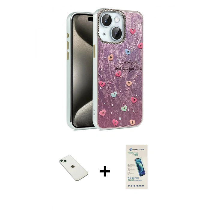 MARSİLYAN™- iPhone 14 Kılıf Zirve Modern Prime - Şeffaf Pasifik Cam Ekran Koruyucu + Diamond Kamera Lens - YL