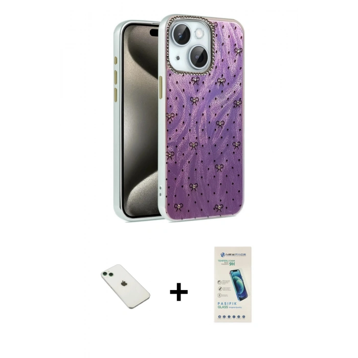 MARSİLYAN™- iPhone 14 Kılıf Zirve Modern Prime - Şeffaf Pasifik Cam Ekran Koruyucu + Diamond Kamera Lens - YL
