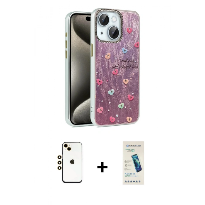 MARSİLYAN™- iPhone 14 Kılıf Zirve Modern Prime - Şeffaf Pasifik Cam Ekran Koruyucu + Shine Kamera Lens - GD
