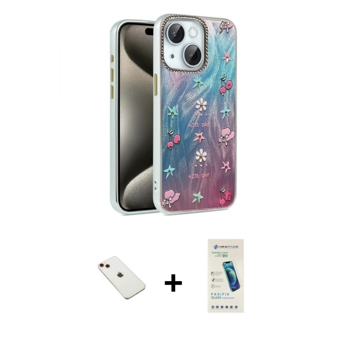 MARSİLYAN™- iPhone 14 Kılıf Zirve Modern Prime - Şeffaf Pasifik Cam Ekran Koruyucu + Diamond Kamera Lens - KI