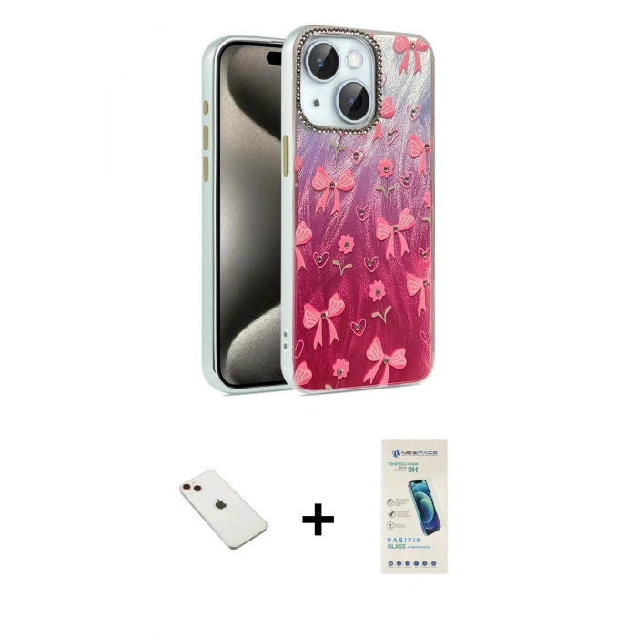 MARSİLYAN™- iPhone 14 Kılıf Zirve Modern Prime - Şeffaf Pasifik Cam Ekran Koruyucu + Diamond Kamera Lens - KI