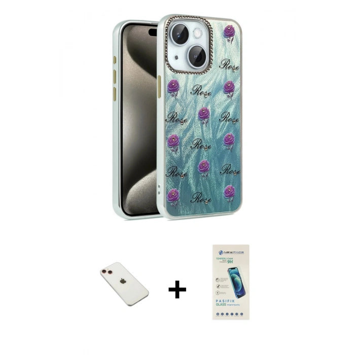 MARSİLYAN™- iPhone 14 Kılıf Zirve Modern Prime - Şeffaf Pasifik Cam Ekran Koruyucu + Diamond Kamera Lens - KI