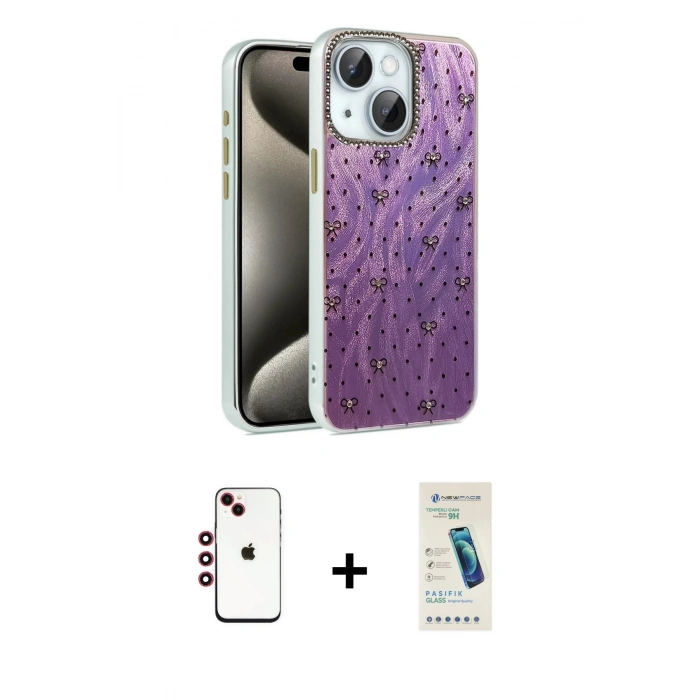 MARSİLYAN™- iPhone 14 Kılıf Zirve Modern Prime - Şeffaf Pasifik Cam Ekran Koruyucu + Shine Kamera Lens - KI