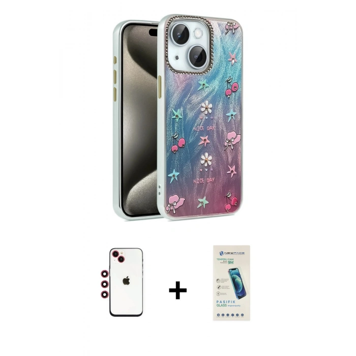 MARSİLYAN™- iPhone 14 Kılıf Zirve Modern Prime - Şeffaf Pasifik Cam Ekran Koruyucu + Shine Kamera Lens - KI