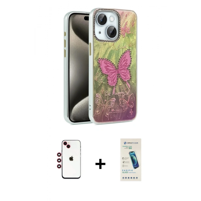 MARSİLYAN™- iPhone 14 Kılıf Zirve Modern Prime - Şeffaf Pasifik Cam Ekran Koruyucu + Shine Kamera Lens - KI