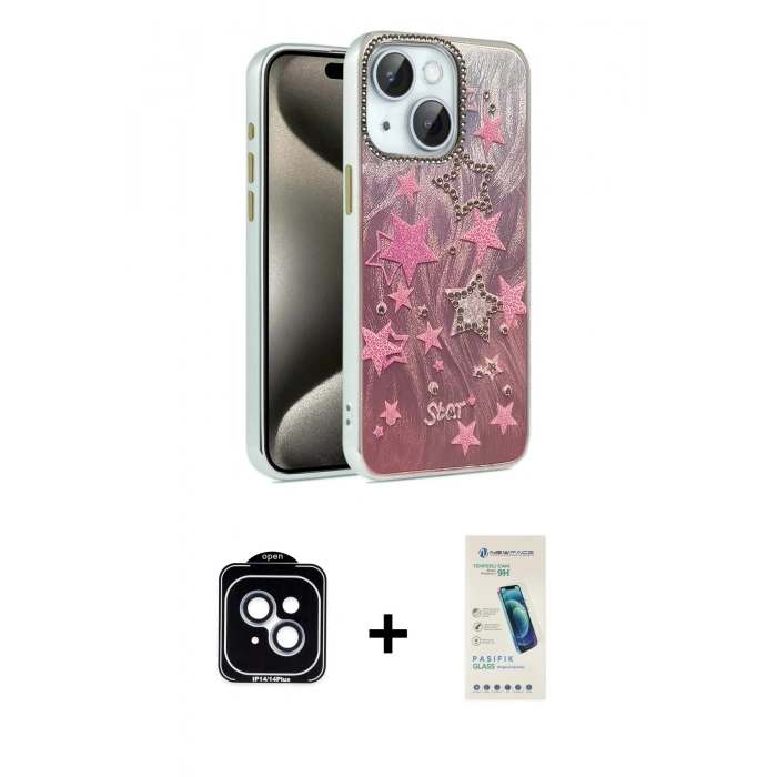 MARSİLYAN™- iPhone 14 Kılıf Zirve Modern Prime - Şeffaf Pasifik Cam Ekran Koruyucu + PVD Metal Kamera Lens - MI