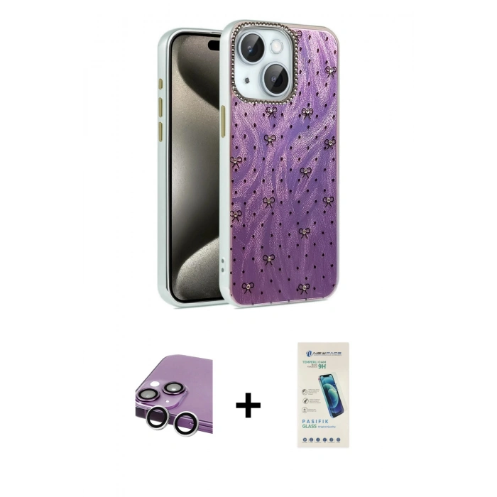 MARSİLYAN™- iPhone 14 Kılıf Zirve Modern Prime - Şeffaf Pasifik Cam Ekran Koruyucu + Raze Metal Kamera Lens - GS