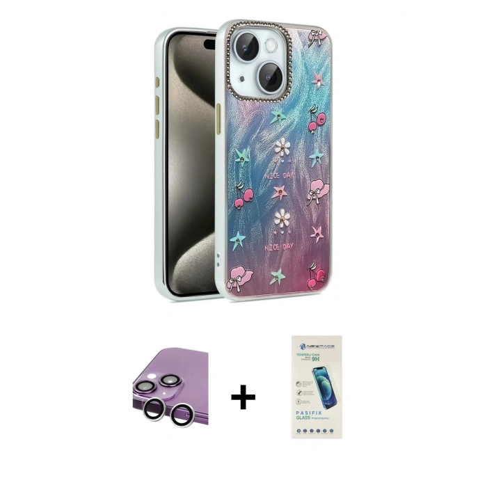 MARSİLYAN™- iPhone 14 Kılıf Zirve Modern Prime - Şeffaf Pasifik Cam Ekran Koruyucu + Raze Metal Kamera Lens - GS
