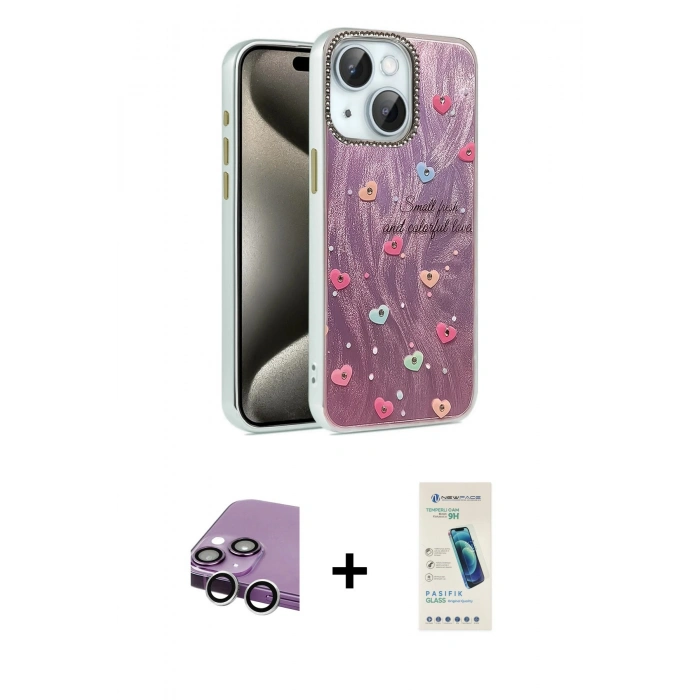 MARSİLYAN™- iPhone 14 Kılıf Zirve Modern Prime - Şeffaf Pasifik Cam Ekran Koruyucu + Raze Metal Kamera Lens - GS