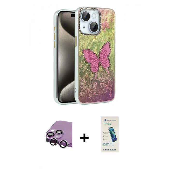 MARSİLYAN™- iPhone 14 Kılıf Zirve Modern Prime - Şeffaf Pasifik Cam Ekran Koruyucu + Raze Metal Kamera Lens - GS