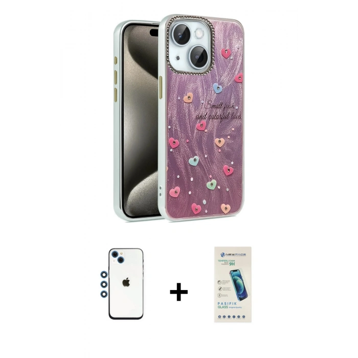 MARSİLYAN™- iPhone 14 Kılıf Zirve Modern Prime - Şeffaf Pasifik Cam Ekran Koruyucu + Shine Kamera Lens - MI