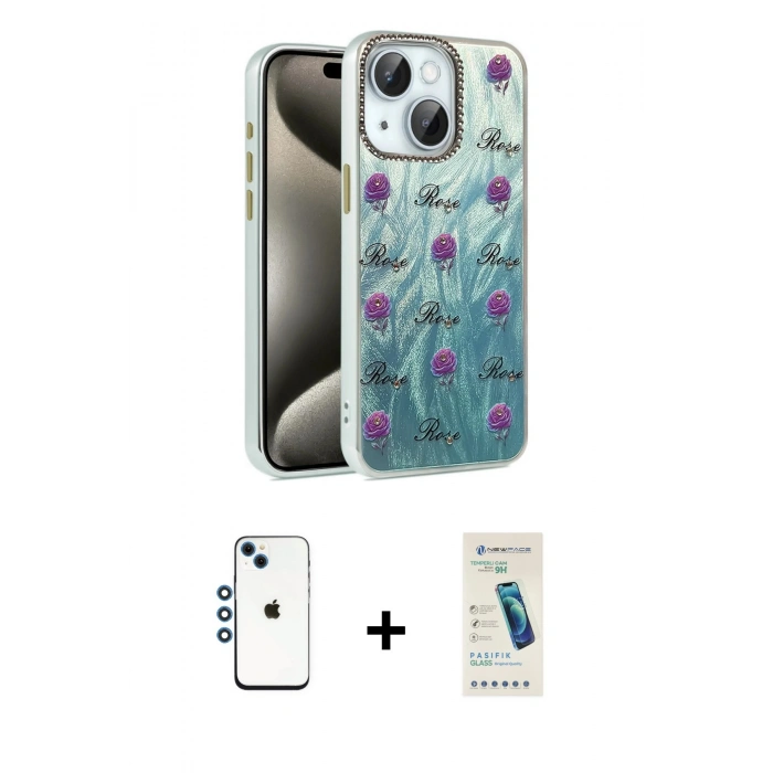 MARSİLYAN™- iPhone 14 Kılıf Zirve Modern Prime - Şeffaf Pasifik Cam Ekran Koruyucu + Shine Kamera Lens - MI