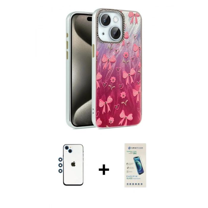 MARSİLYAN™- iPhone 14 Kılıf Zirve Modern Prime - Şeffaf Pasifik Cam Ekran Koruyucu + Shine Kamera Lens - MI